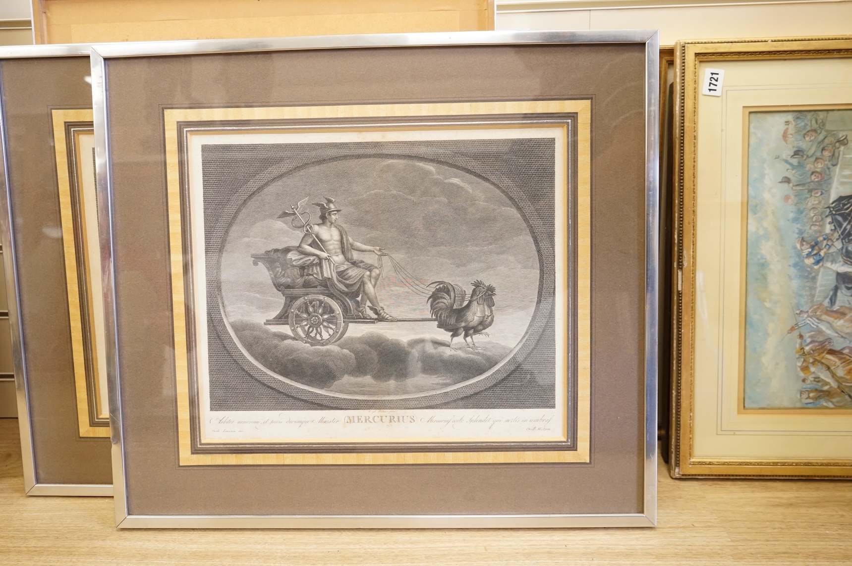 After Carlo Lasinio (Italian, 1759-1838), Roman gods to include, ‘Lunar’, ‘Jupiter’ and ‘Venus’, a set of seven engravings, each 23 x 40cm